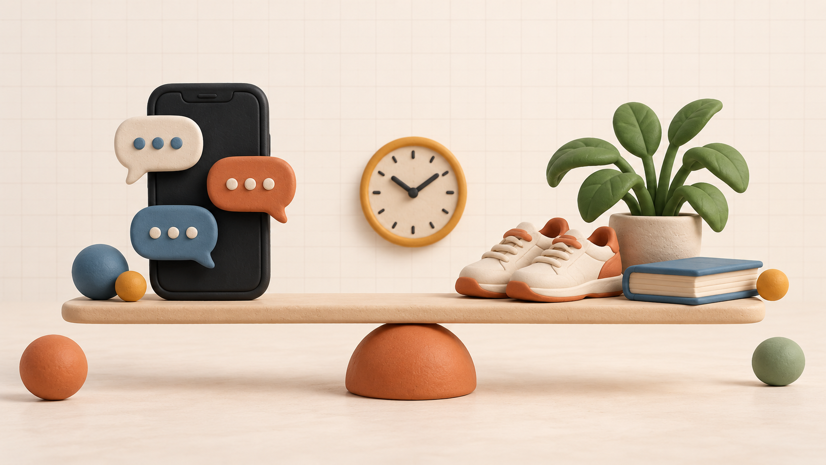 A level clay balance holds a phone with chat bubbles opposite walking shoes, a book, and a plant