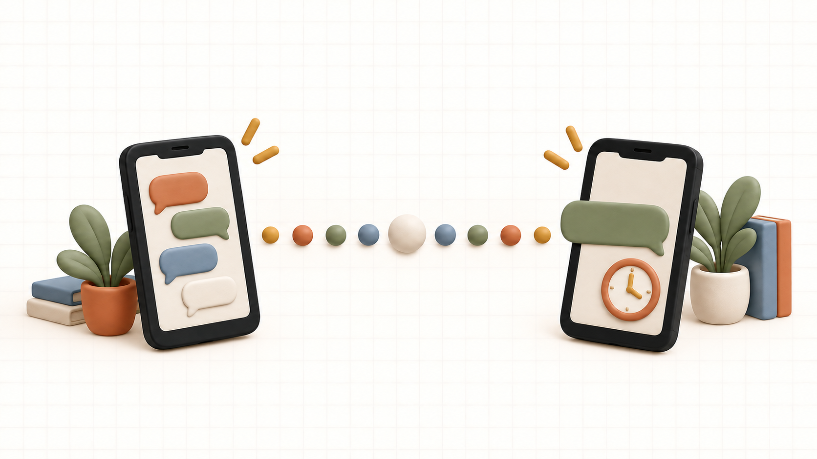 Two phones with different sizes and rhythms of chat bubbles connected by a balanced row of colored dots