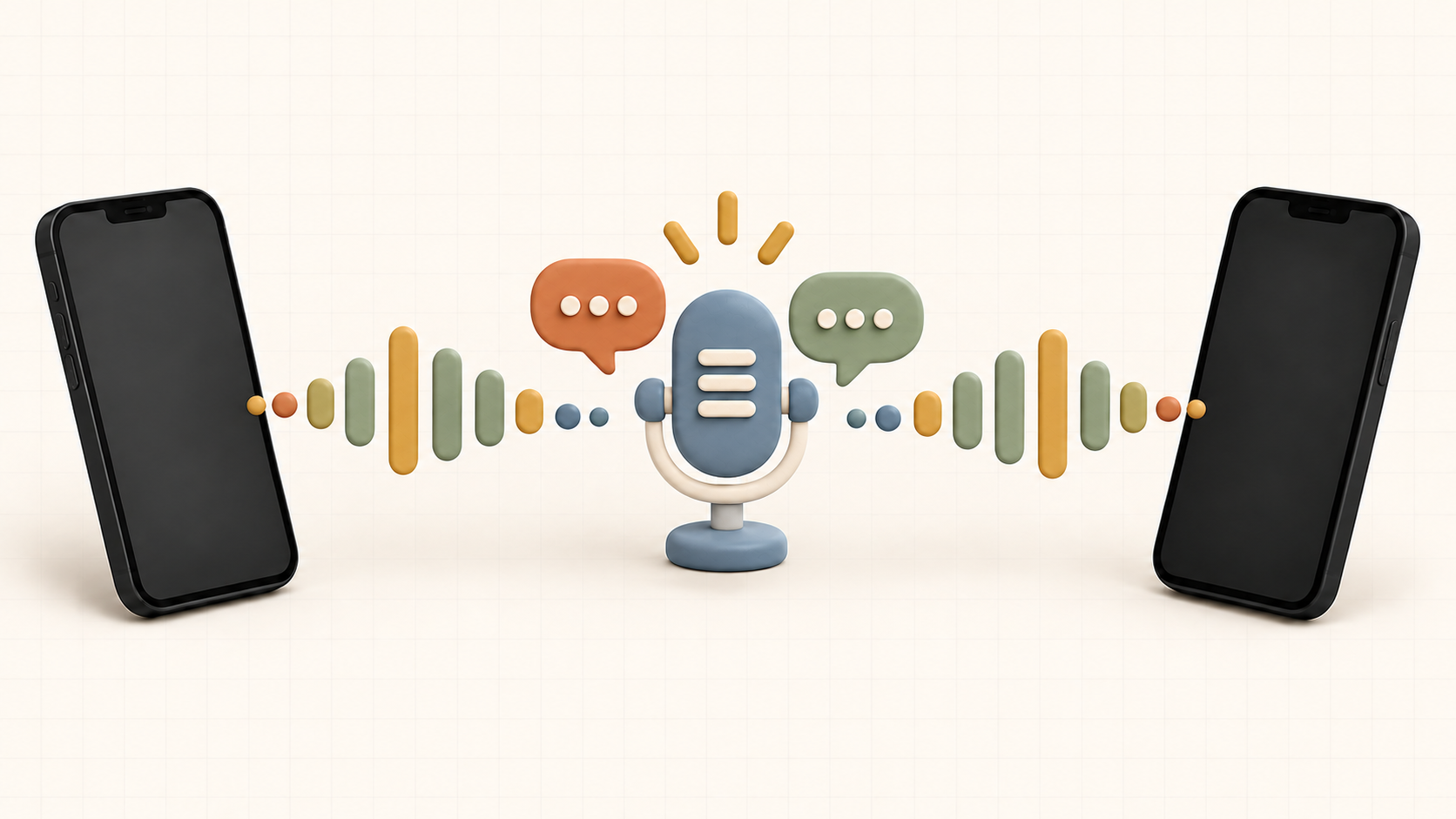 Two phones connected through a central microphone, balanced audio waves, and friendly chat bubbles