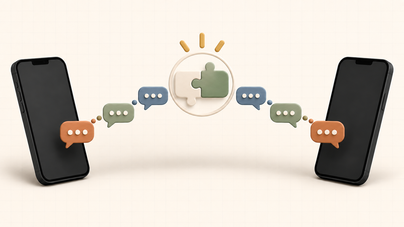 Two phones connected by a gradual path of chat bubbles and interlocking puzzle pieces