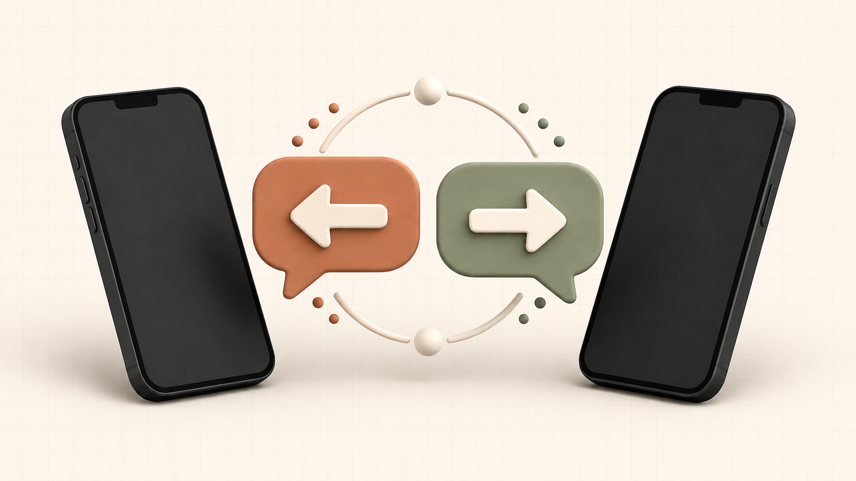 Two phones exchanging conversation bubbles with arrows pointing in different directions