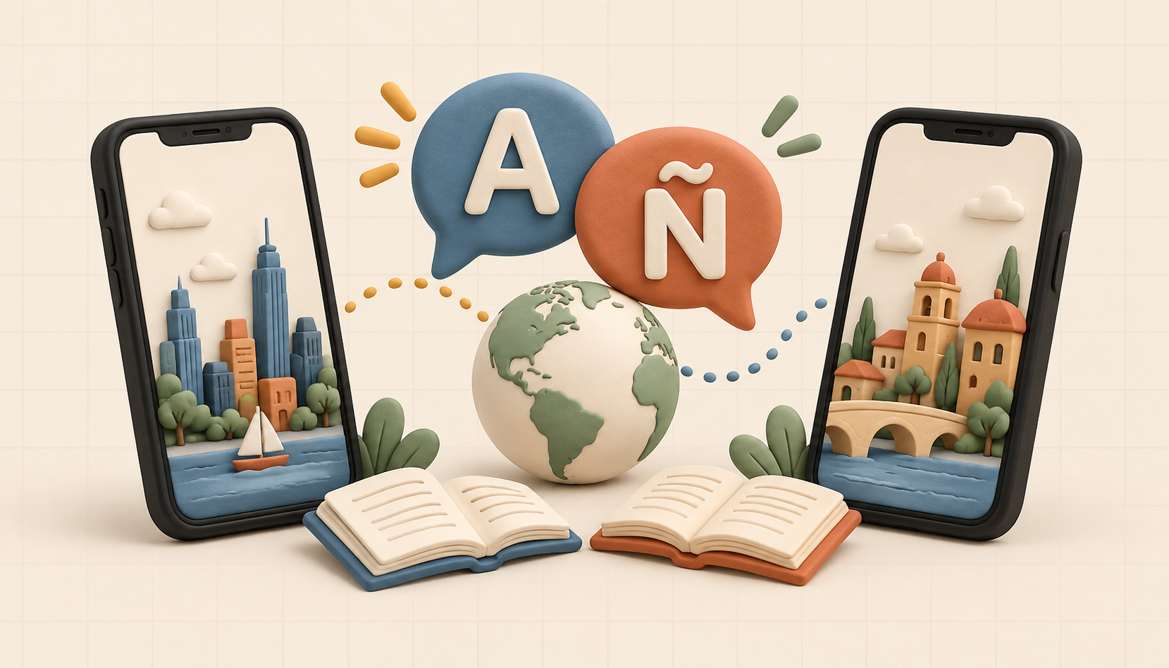 Two black phones connected by speech bubbles with language symbols around a small globe and open books