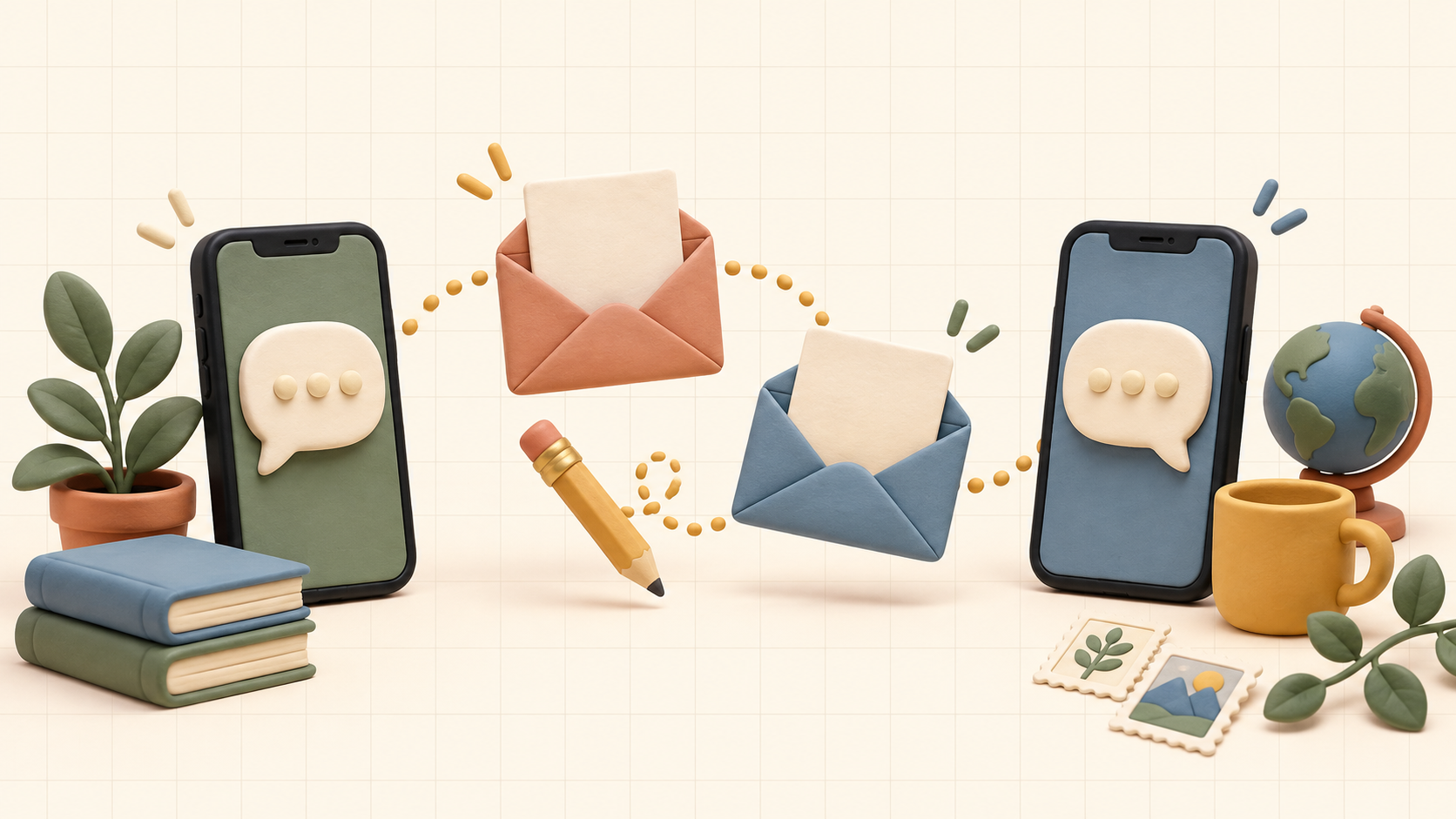 Two black phones connected by chat bubbles and a dotted path beside open envelopes, blank letters, and a pencil
