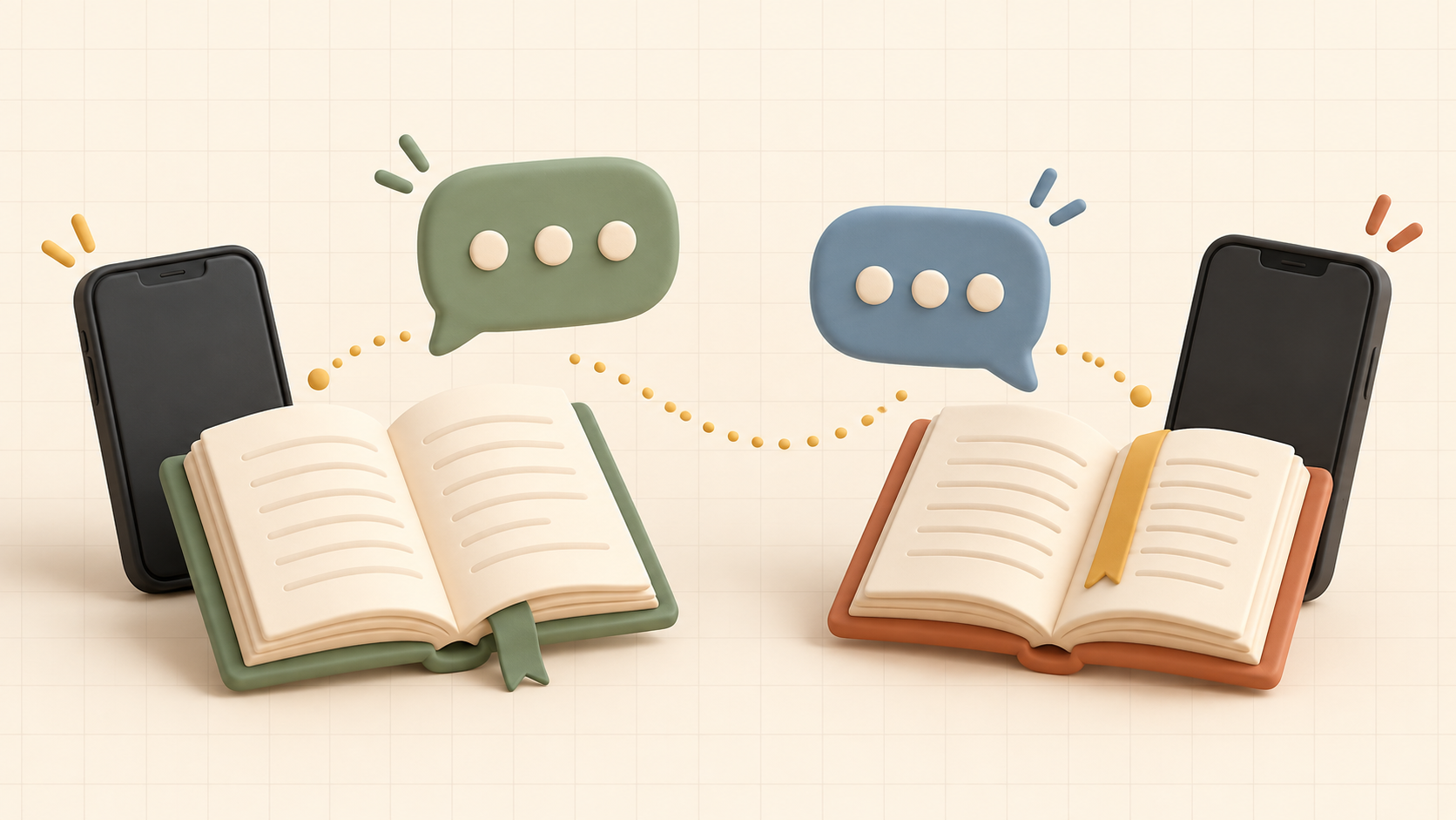 Two open books with colorful bookmarks beside black phones connected by chat bubbles and a dotted path