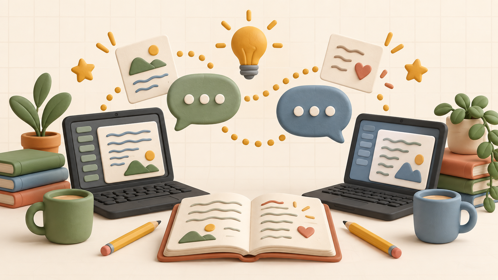 Two black laptops beside an open notebook and pencils, connected by sage and blue chat bubbles
