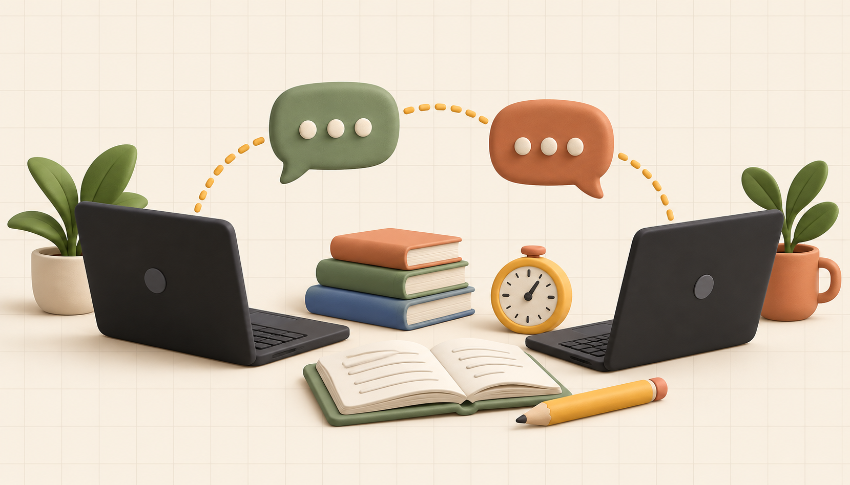 Two black laptops connected by colorful chat bubbles beside books, an open notebook, a pencil, and a small study timer