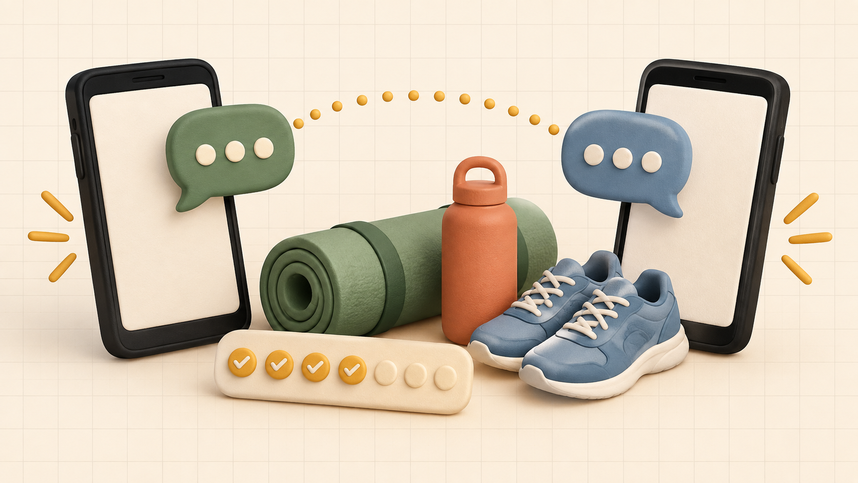 Two phones connected by chat bubbles beside a water bottle, exercise mat, shoes, and a weekly progress board