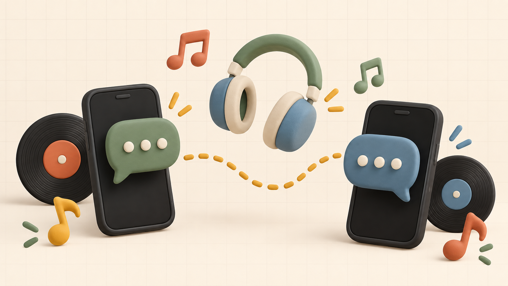 Two black phones connected by chat bubbles beside headphones, vinyl records, and musical notes