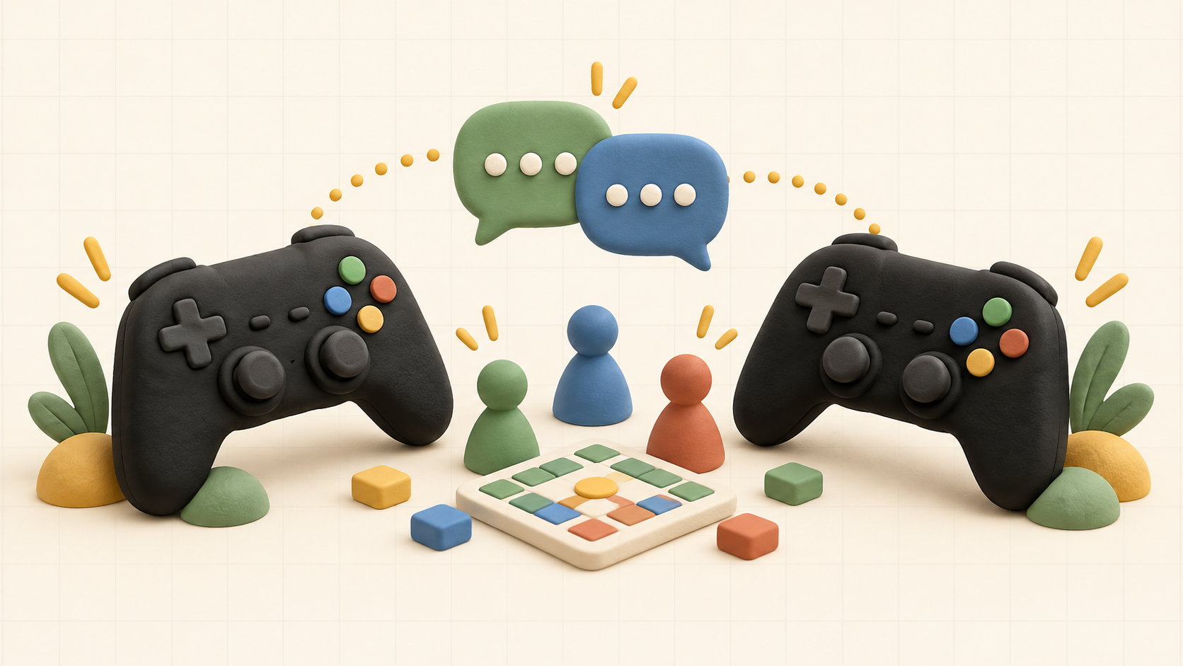 Two black game controllers connected by colorful chat bubbles and player tokens around a small game board