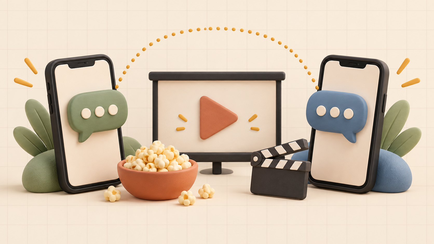 Two black phones beside a miniature cinema screen, popcorn bowl, and clapperboard with colorful chat bubbles