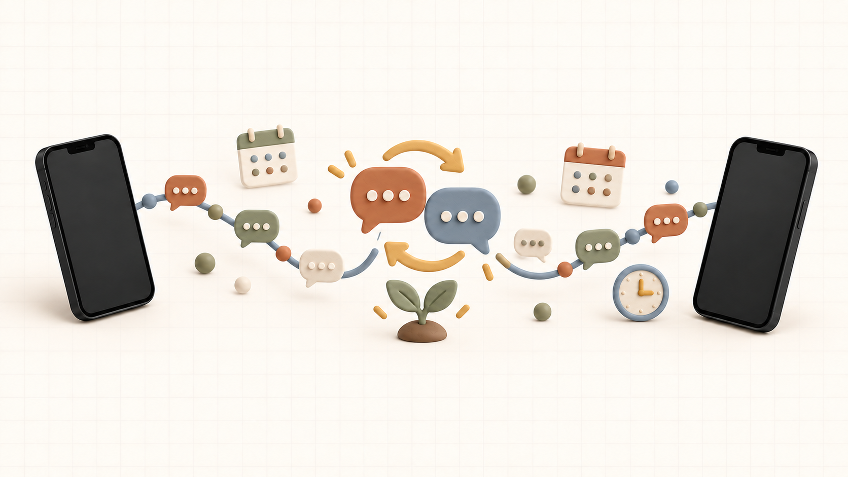 Two phones connected by recurring chat bubbles, calendar icons, a clock, and a growing sprout