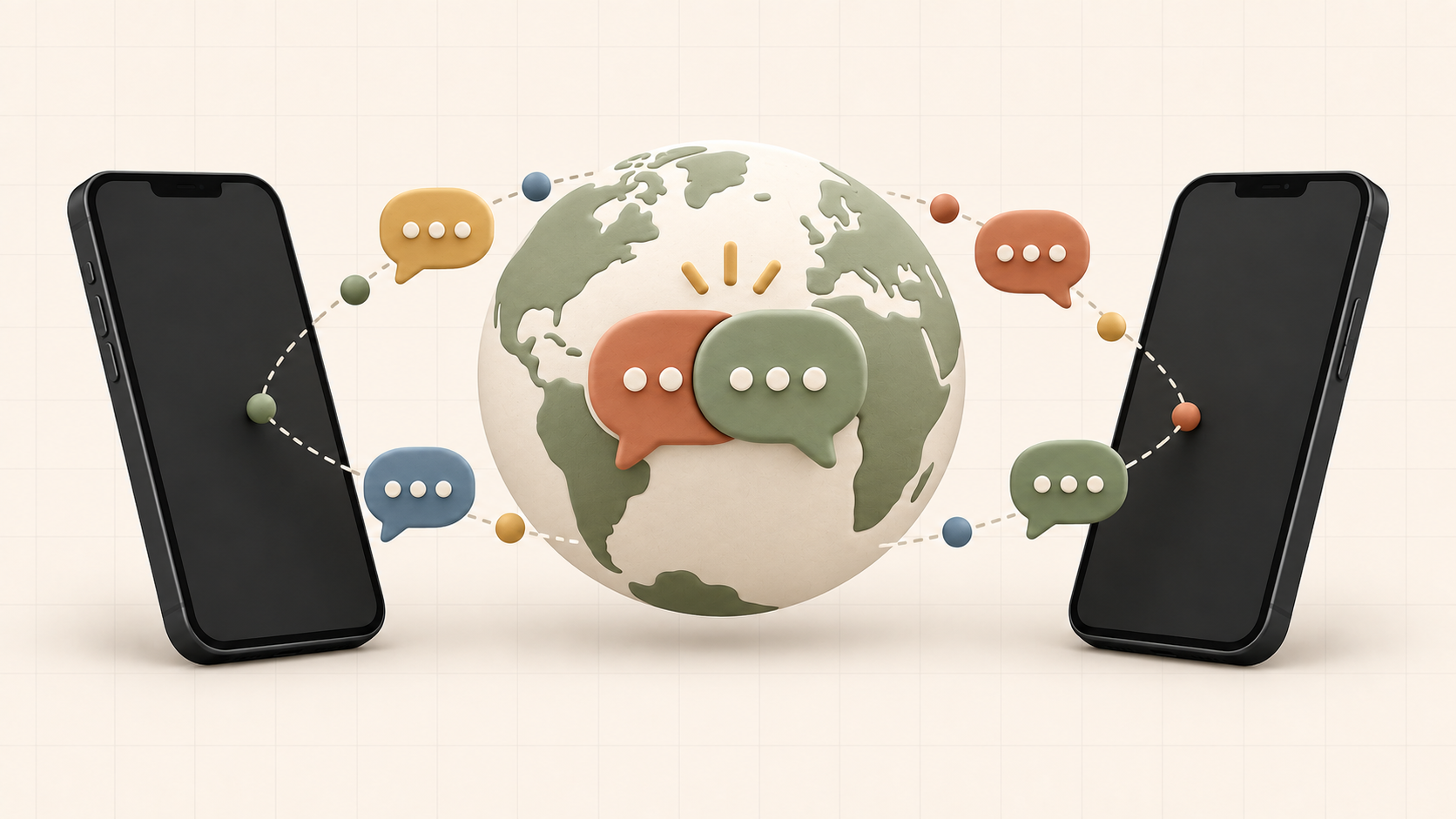 Two phones connected around a globe by colorful chat bubbles