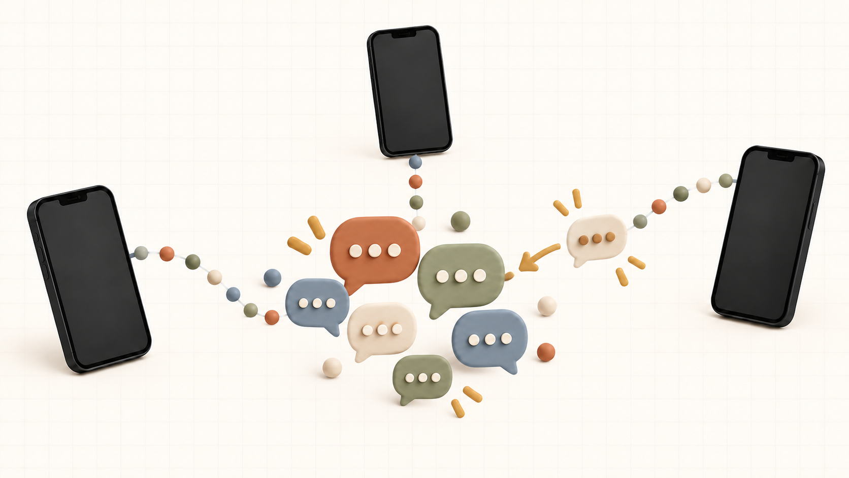 Three phones joining a shared cluster of colorful chat bubbles through dotted conversation paths