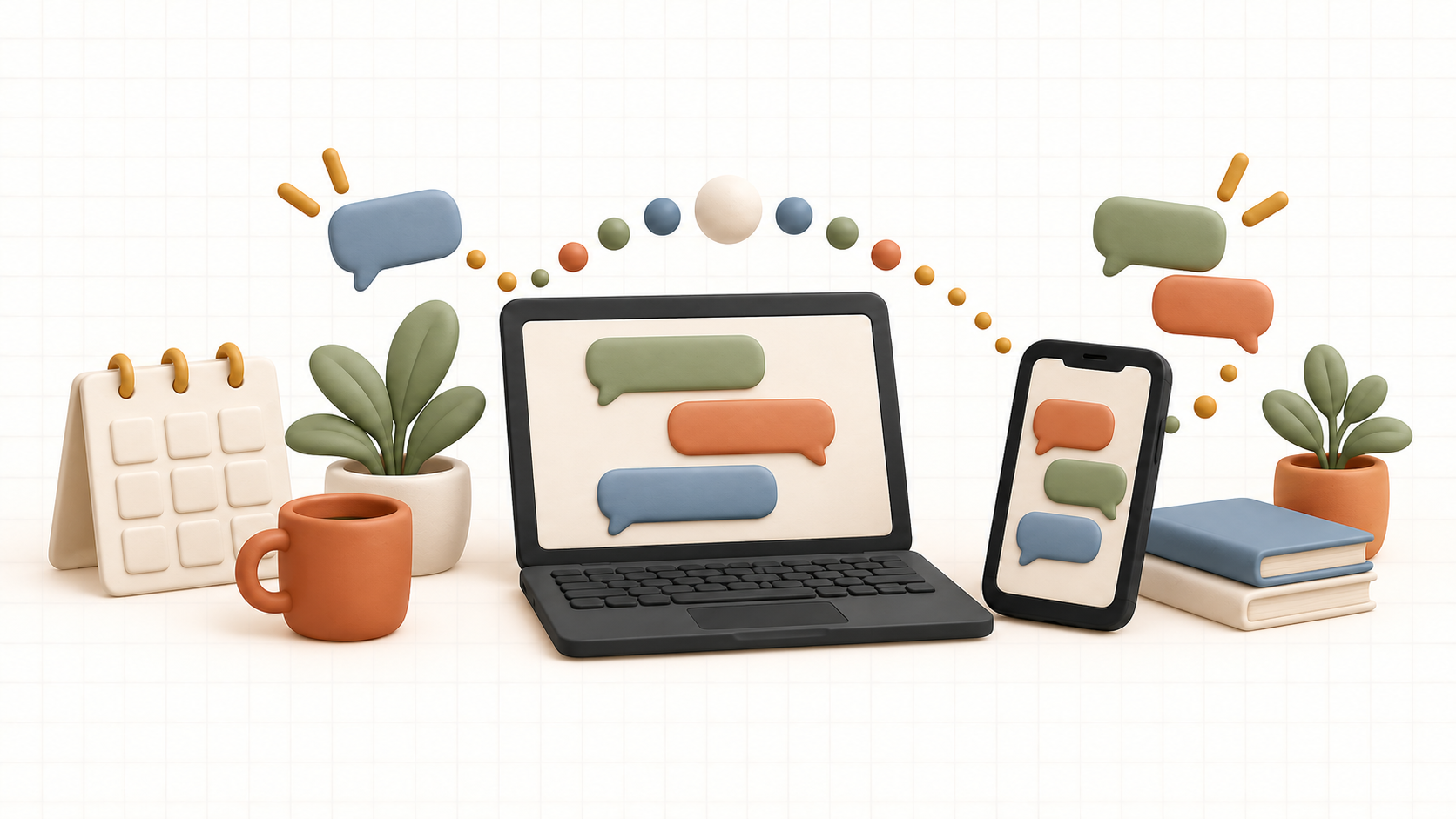 A laptop and phone with chat bubbles surrounded by a blank calendar, coffee mug, books, plants, and a dotted connection path