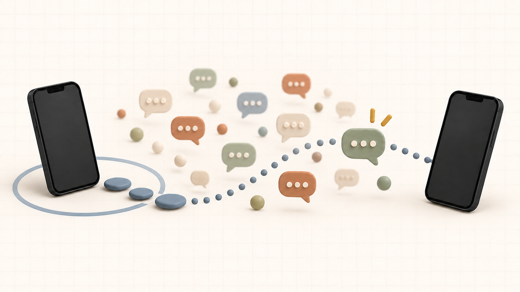 Two phones connected by a calm path through a field of colorful chat bubbles