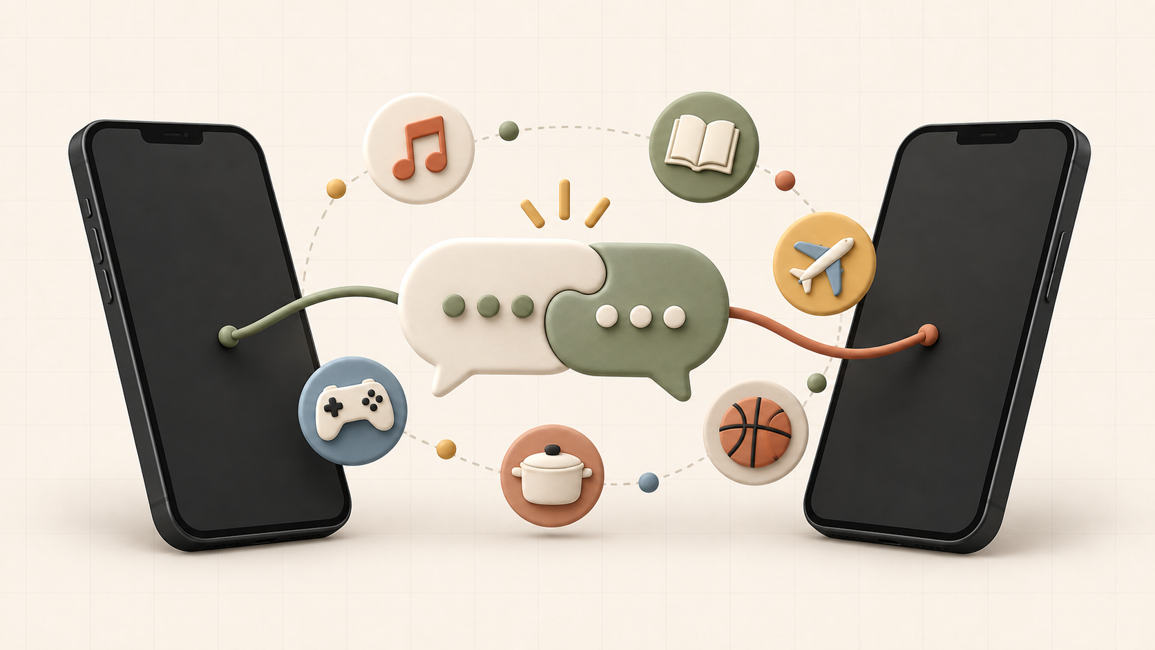 Two phones connected by conversation bubbles and symbols for shared interests