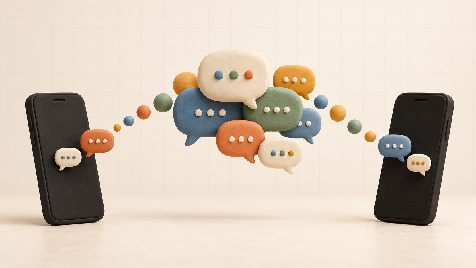 Two black phones connected by a growing cluster of colorful clay conversation bubbles