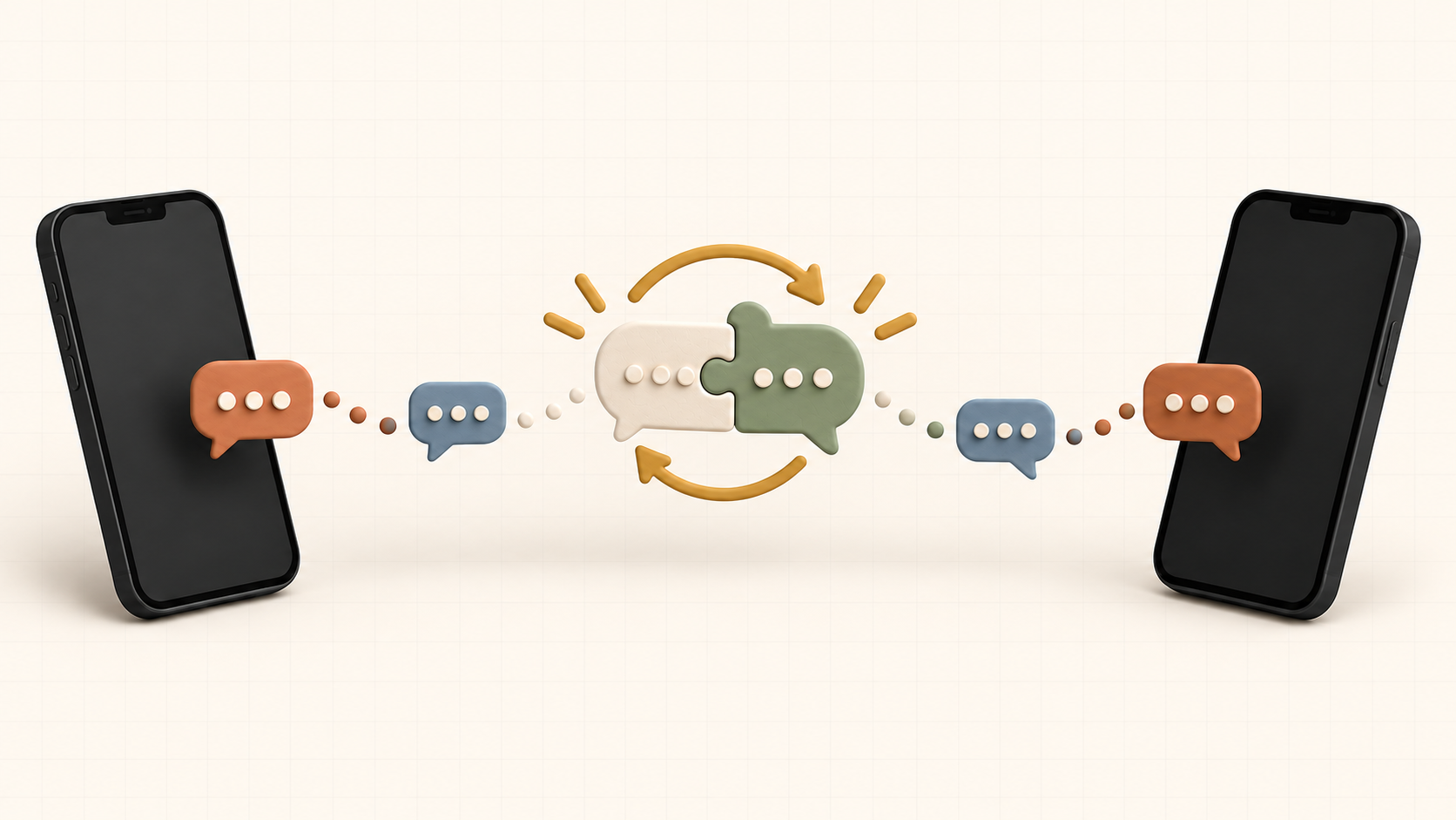 Two phones reconnecting through interlocking chat bubbles and a gentle circular arrow