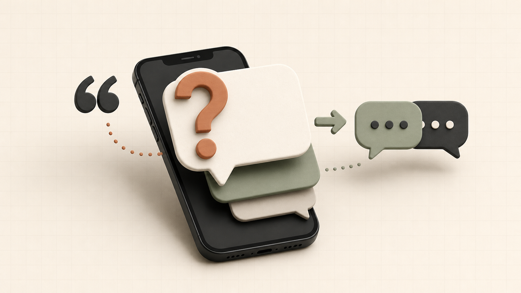 A phone with a question card leading into an online conversation