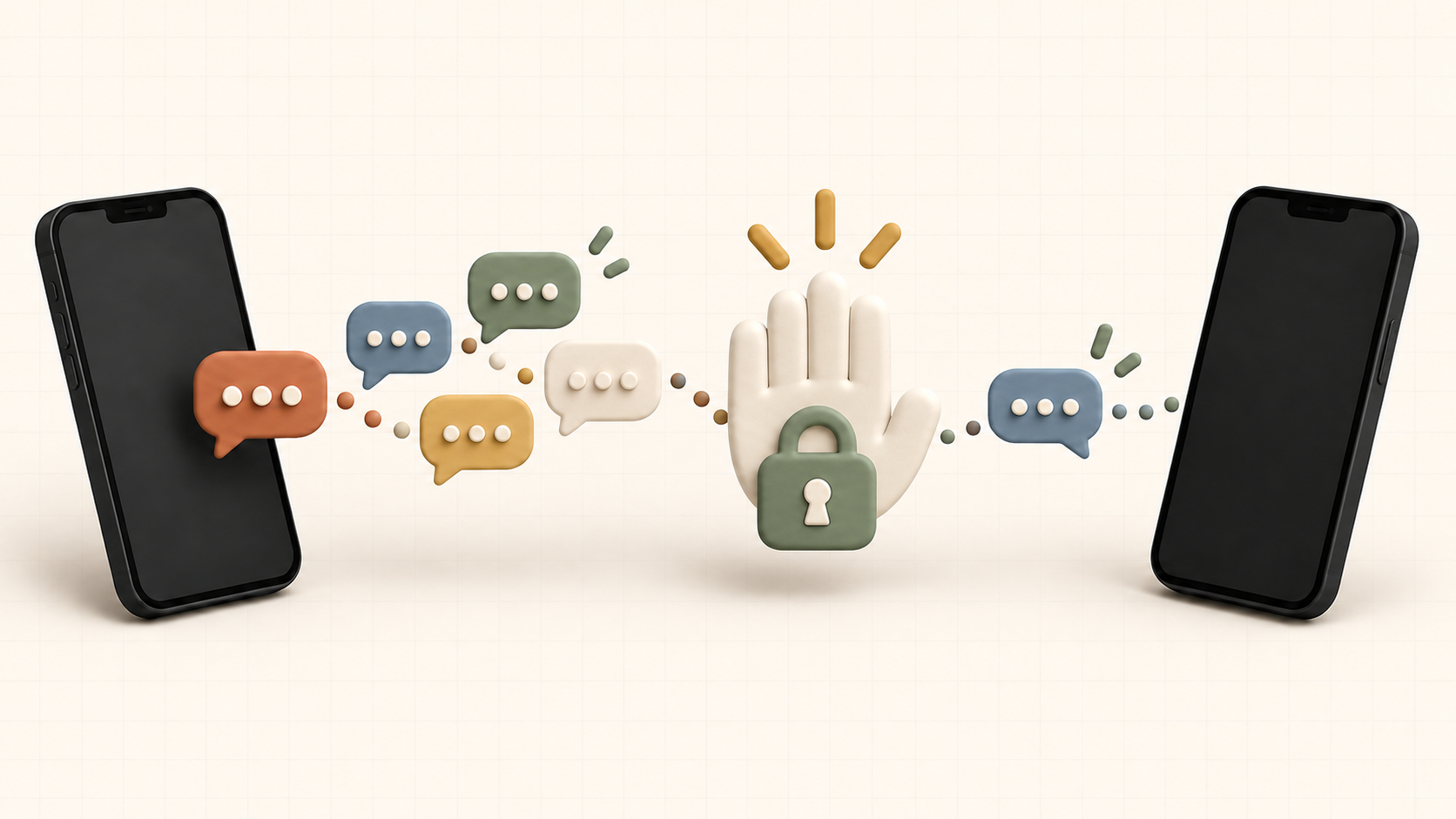 Two phones separated by a raised hand and lock that pause a stream of colorful chat bubbles
