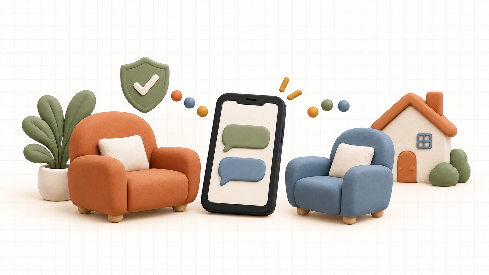 Two clay armchairs face a phone with chat bubbles beside a safety shield, colored connection dots, and a small home