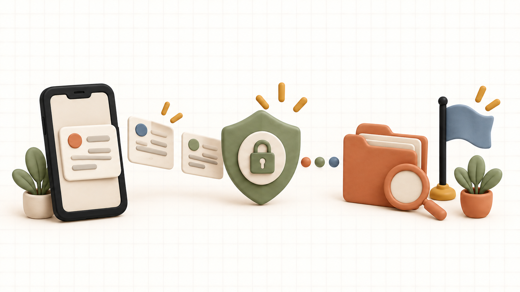 Private information cards move from a phone toward a shield and lock beside an evidence folder, magnifying glass, and report flag