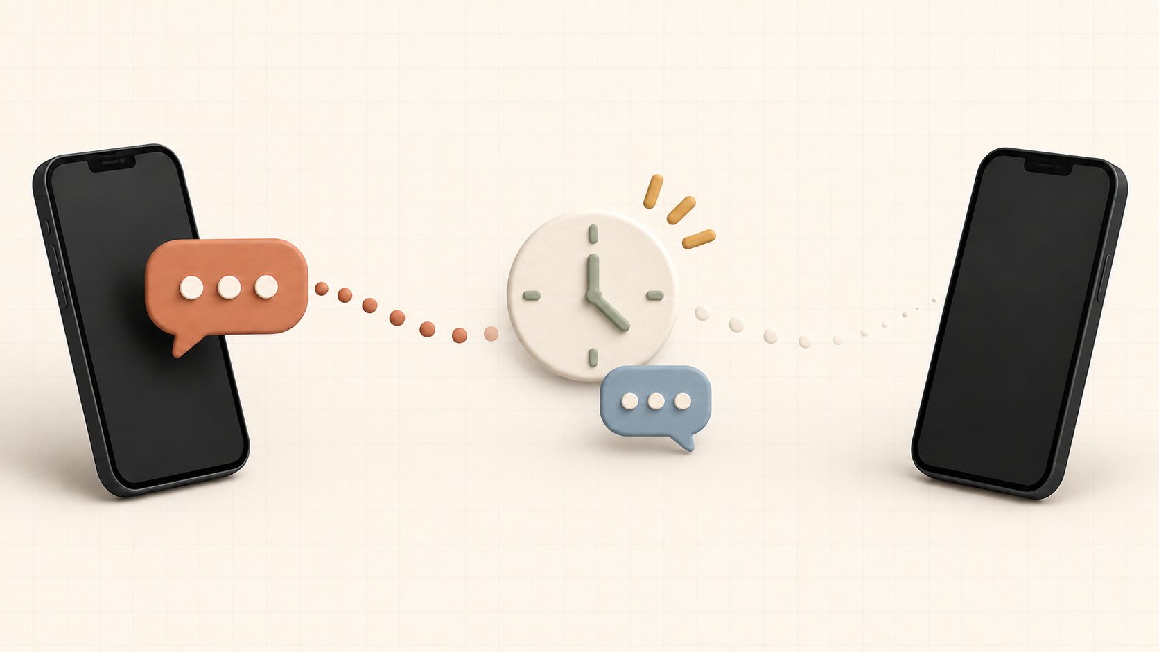 Two phones separated by a fading message path, a clock, and a waiting chat bubble