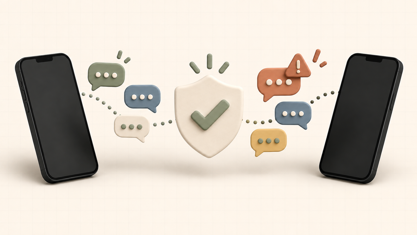 Two phones with chat bubbles protected by a shield and a small warning symbol