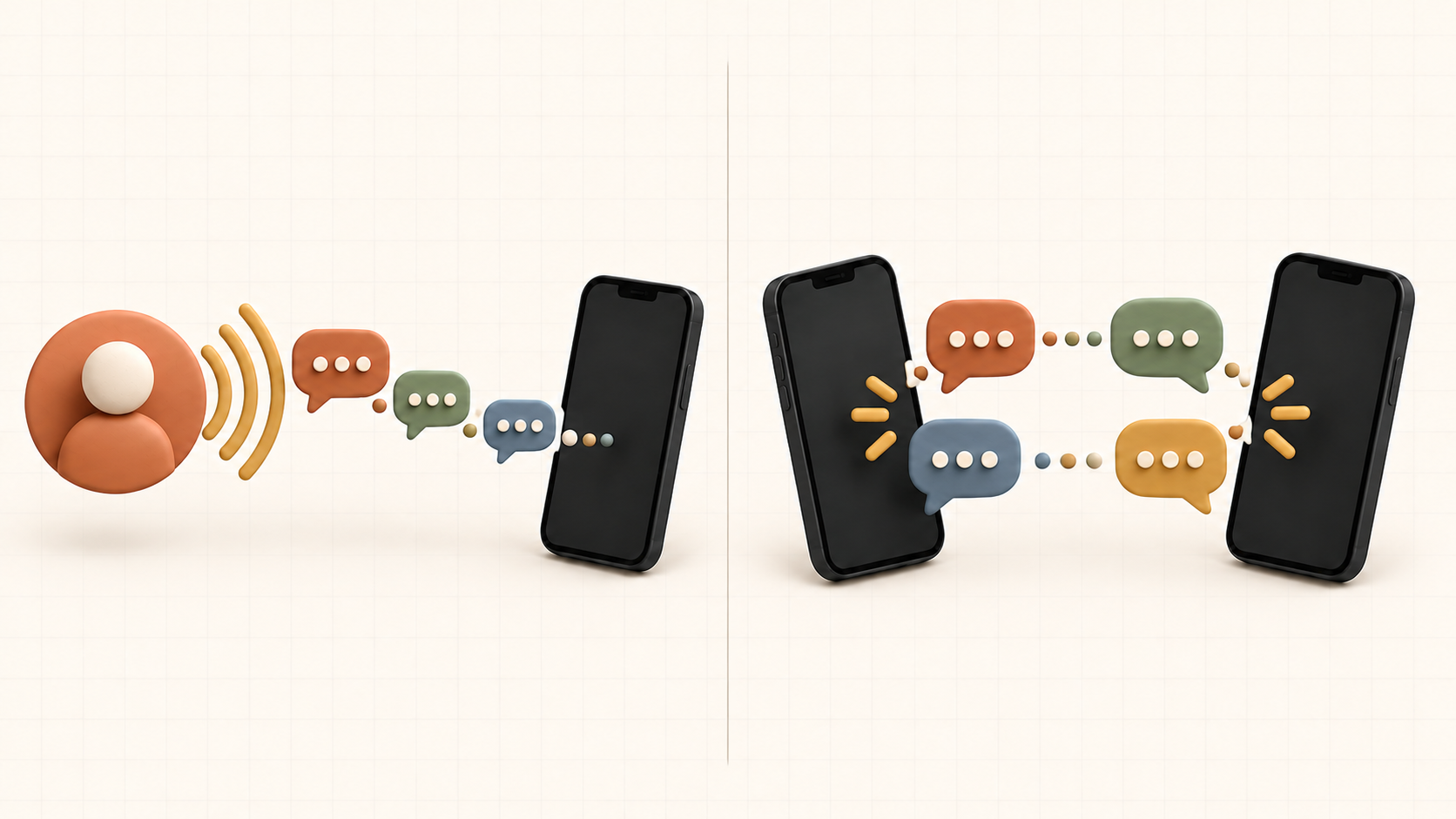 A split comparison between one-way messages from a public profile and two phones exchanging mutual chat bubbles