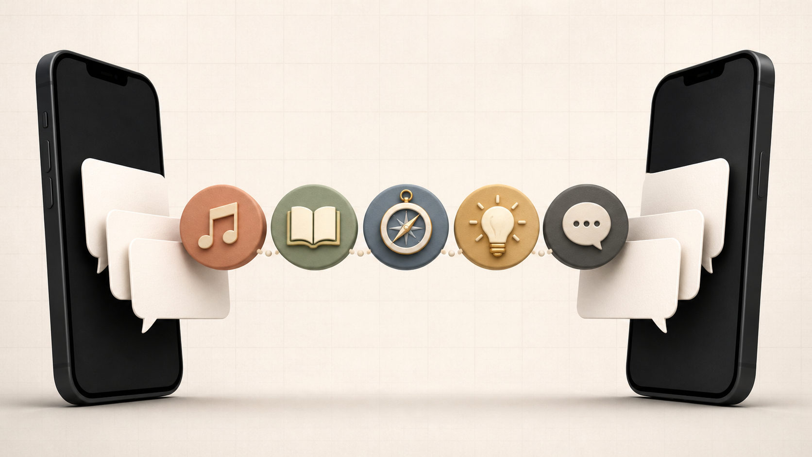 Two phones connected by symbols for interests, experiences, ideas, and conversation