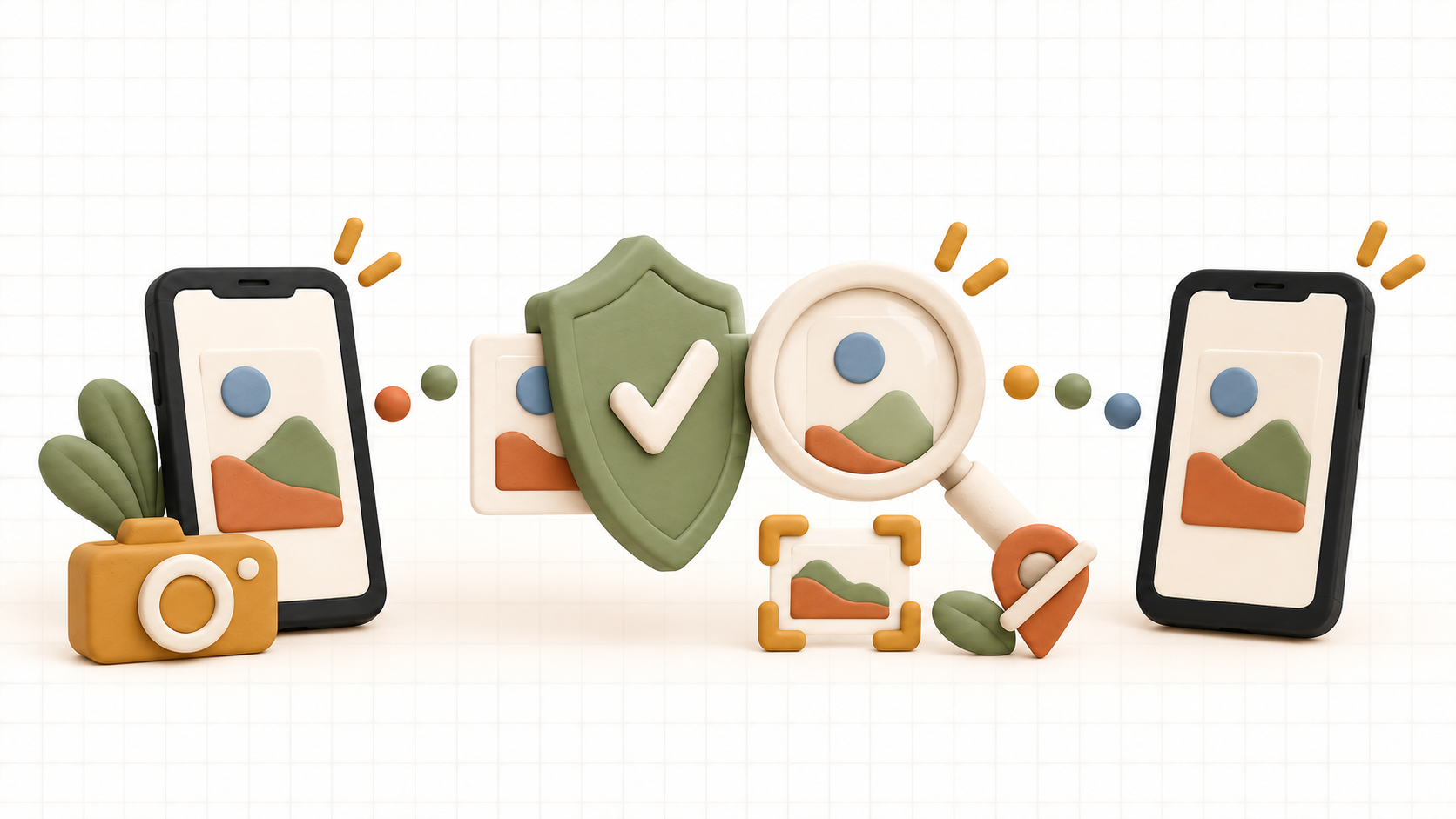 An abstract photo card travels between two phones through a privacy shield and magnifying glass beside a camera, crop frame, and covered location pin